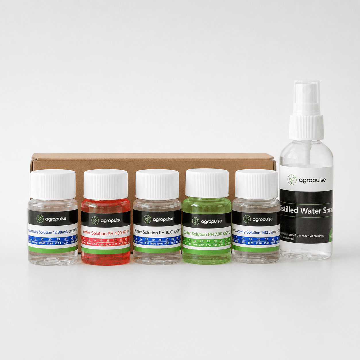 Kit de calibración pH/EC de Agropulse: soluciones de calibración y spray de agua destilada
