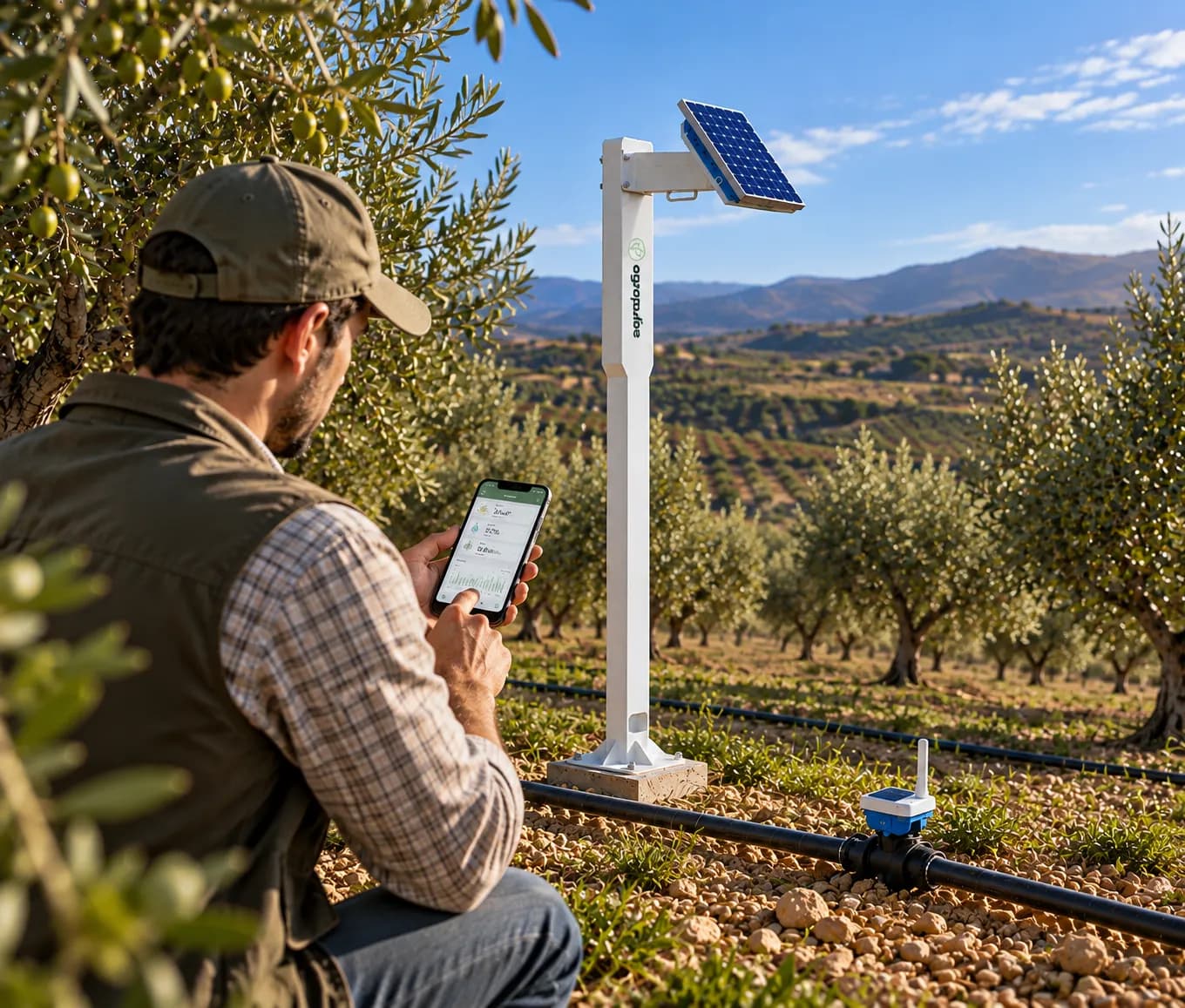 Agricultor controlando el riego desde el móvil junto a una electroválvula Agropulse en el olivar