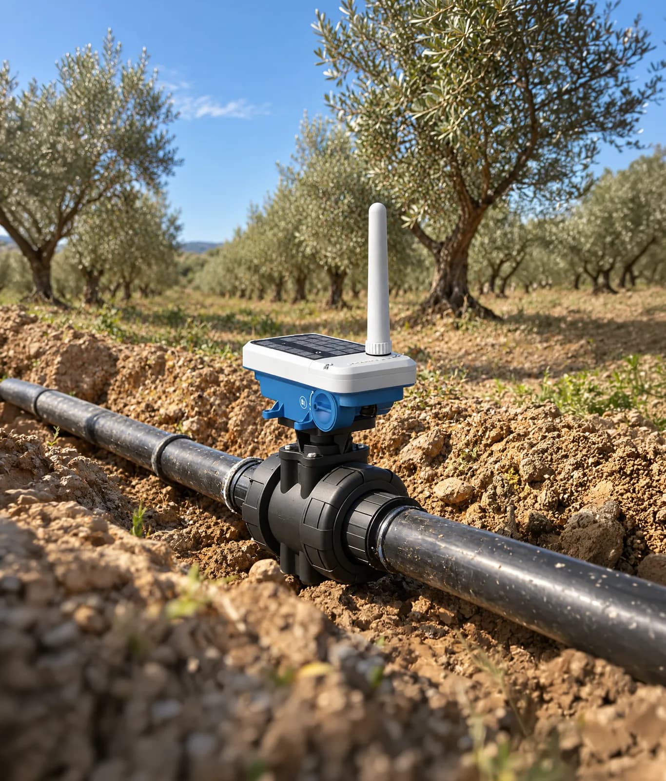 Electroválvula de riego 4G Agropulse con panel solar instalada en la tubería de un olivar
