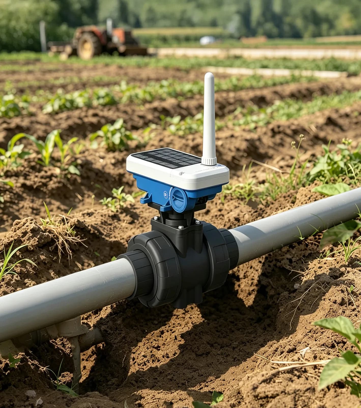 Electroválvula de riego Agropulse en una conducción de PVC en un cultivo hortícola